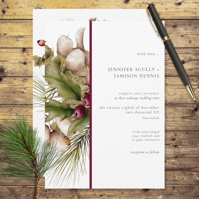Invitation Bouquet d'hiver de pin rustique rouge (Also available with a gold foil line instead of deep red.)
