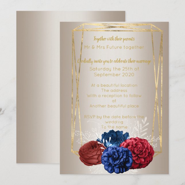 Invitation Bouquet d'or de bronze Elégant Mariage bleu rouge (Devant / Derrière)