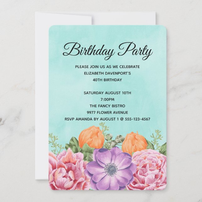 Invitation Bouquet élégant de fleurs d'aquarelle Anniversaire (Devant)