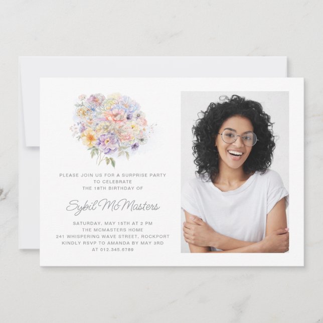 Invitation Bouquet Fleur 18e anniversaire Photo Surprise (Devant)