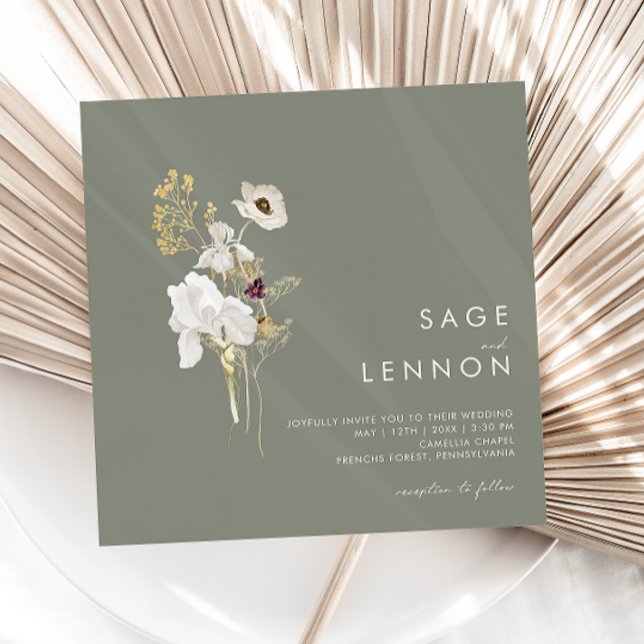 Invitation Bouquet Fleur sauvage Whimsical | Carré vert Sage (Créateur téléchargé)