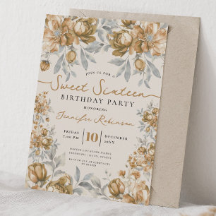 Invitation Bouquet Floral Anniversaire 16 ans Gold Champagne