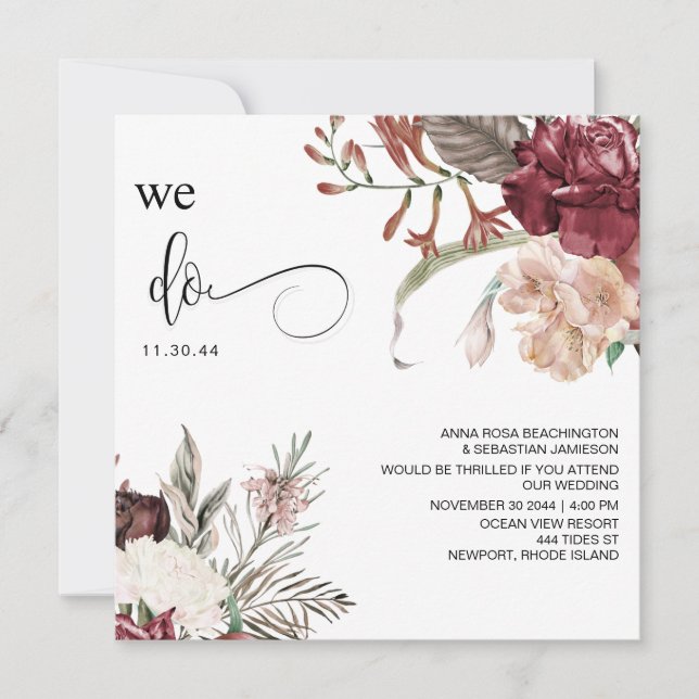 Invitation *~* Bouquet floral AR15 QR RSVP BURGANDY MARIAGE (Devant)