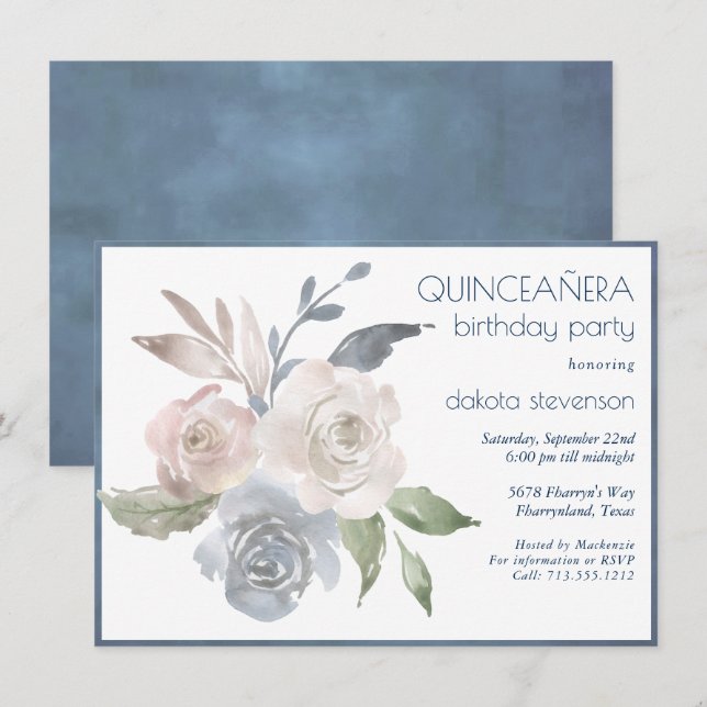 Invitation Bouquet floral bouché | Blue Cream Quiceanera 15e (Devant / Derrière)