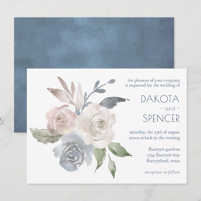Invitation Bouquet floral bouché | Mariage rose crème bleue (Devant / Derrière)