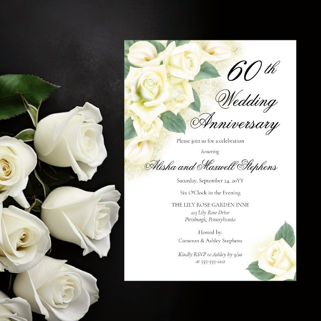 Invitation Bouquet Floral de Roses pour une fête d'anniversai (Elegant Rose Floral Bouquet 60th Wedding Anniversary Party Invitation)