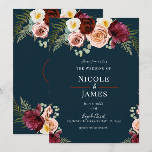 Invitation Bouquet floral de verdure bleu marine pour mariage