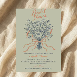 Invitation Bouquet Floral Esquisse Coquette Verte Baby Shower