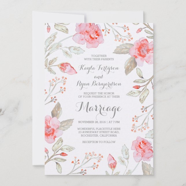 Invitation Bouquet floral - Mariage d'aquarelle rose (Devant)