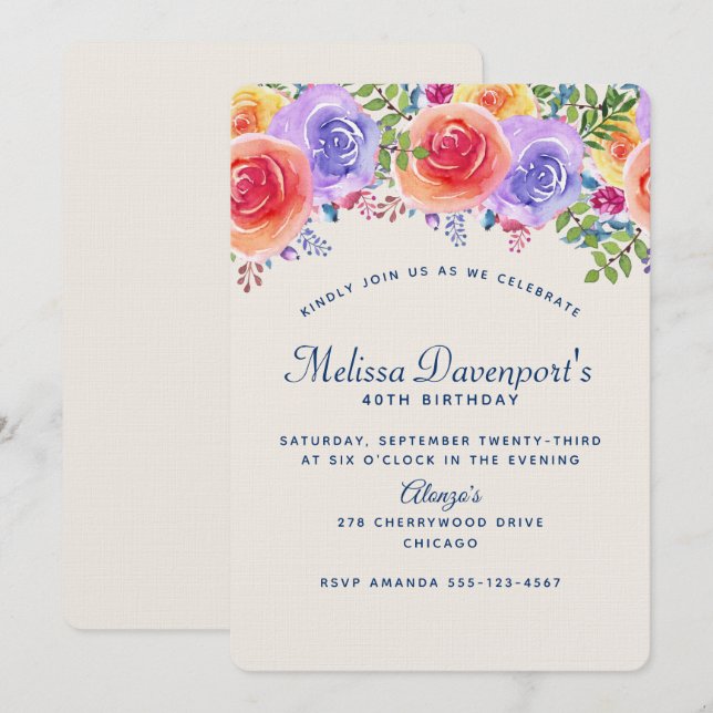 Invitation Bouquet floral moderne d'aquarelle d'anniversaire (Devant / Derrière)
