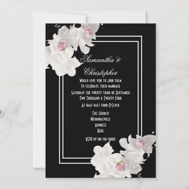 Invitation Bouquet floral noir et blanc mariage moderne (Devant)