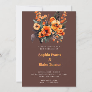 Invitation Bouquet floral orange et vert Mariage marron