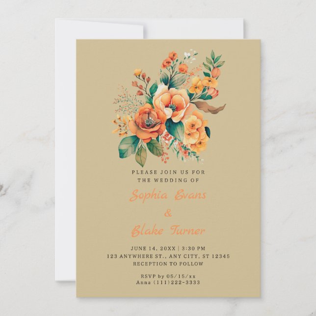Invitation Bouquet Floral Orange Et Vert Mariage Olive (Devant)