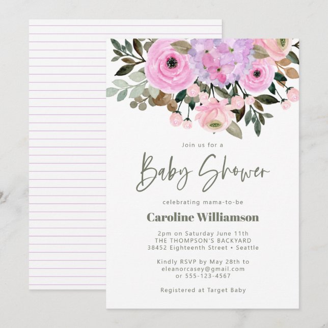 Invitation Bouquet floral rose Lilac Baby shower mignon (Devant / Derrière)