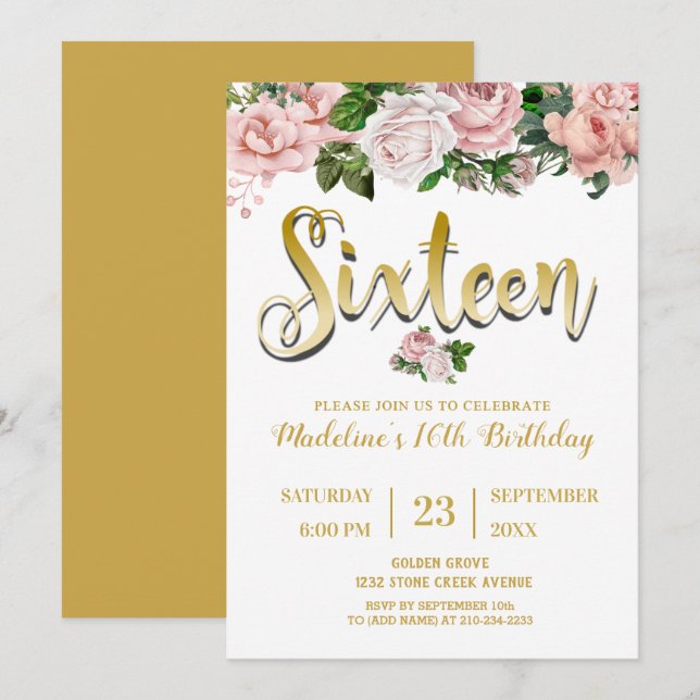 Invitation Bouquet floral rose pâle | Sweet 16 (Devant / Derrière)