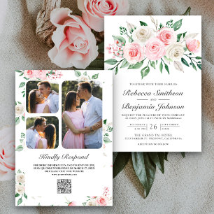 Invitation Bouquet floral rose poudré Code QR Mariage