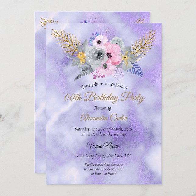 Invitation Bouquet floral rose pourpre Anniversaire (Devant / Derrière)