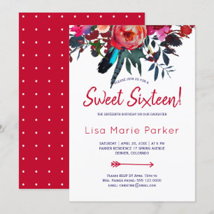 Invitation Bouquet floral rustique bohème rouge bleu marine s