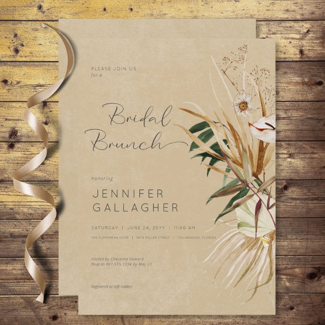 Invitation Bouquet Floral Séché Moderne Tan Boho pour Brunch  (Modern Tan Boho Dried Floral Bouquet Bridal Brunch Invitation)
