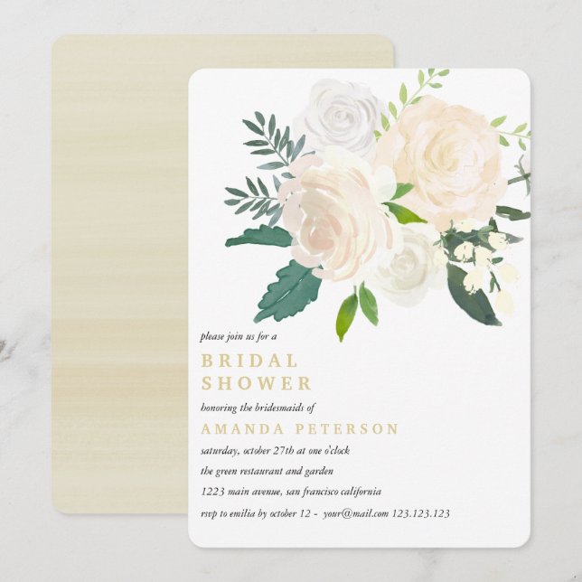 Invitation Bouquet ivoire Mariage rose Fête des mariées (Devant / Derrière)