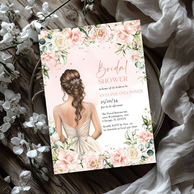 Invitation Bouquet luxuriant et crème rose eucalyptus (Lavish bouquet blush and cream roses eucalyptus bridal shower invitation)