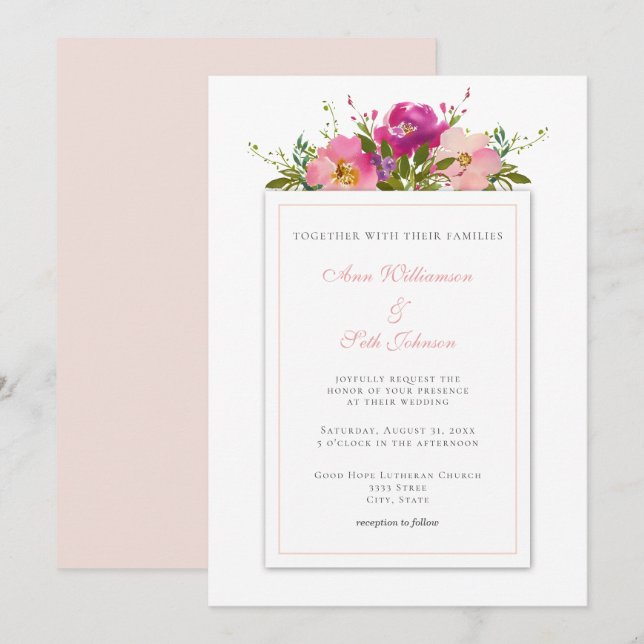 Invitation Bouquet Mariage simple couleur rose pâle (Devant / Derrière)
