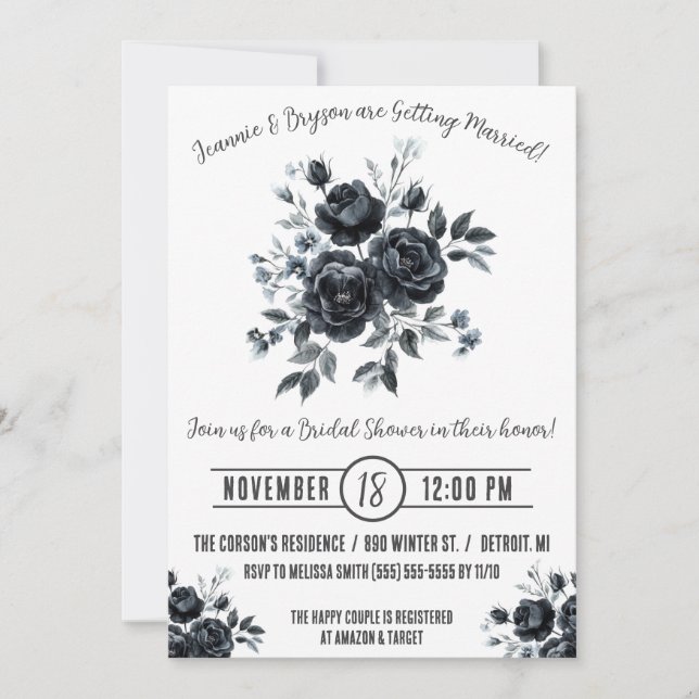 Invitation Bouquet noir, Emo, Goth, Fête des mariées monochro (Devant)