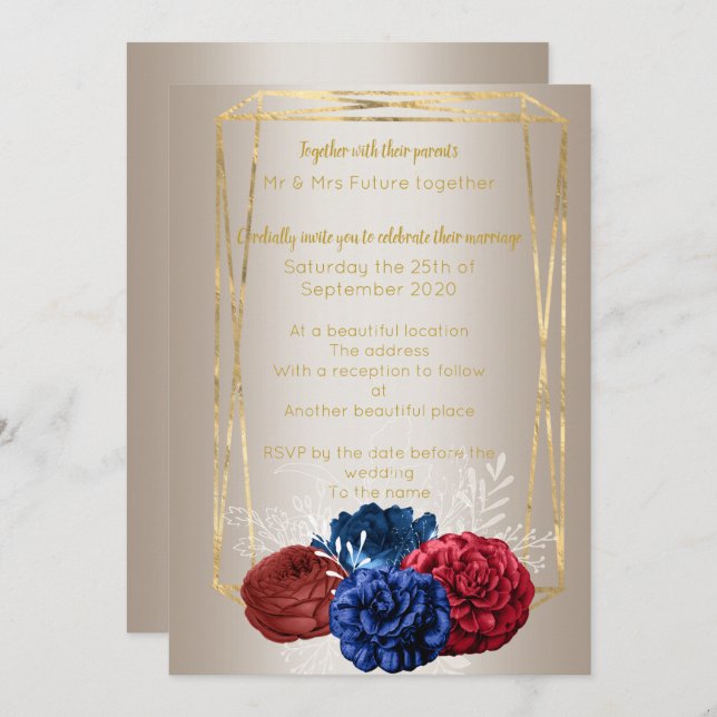 Invitation Bouquet Or Bronze Élégant Mariage Bleu Rouge (Devant / Derrière)