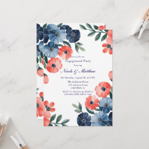 Invitation Bouquet peint en bleu et corail Partie d'engagemen