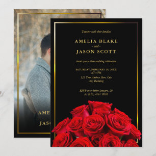 Invitation Bouquet Red Roses   Mariage photo Black Gold Frame