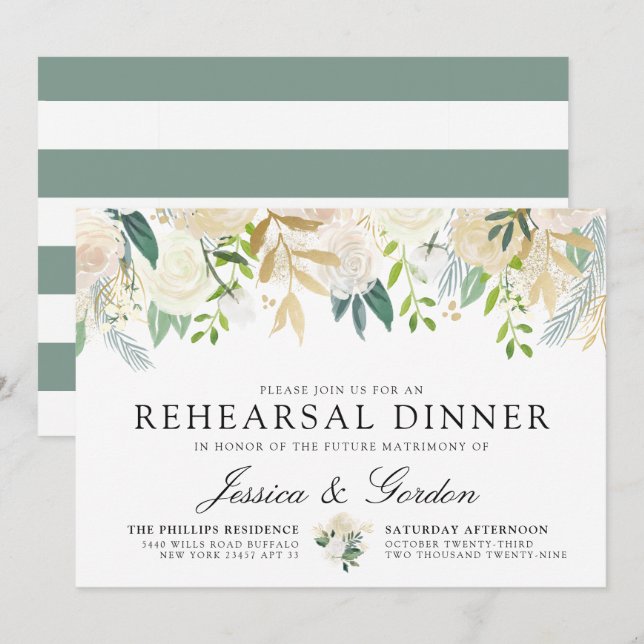 Invitation Bouquet Rose blanche | Répétition du diner de mari (Devant / Derrière)