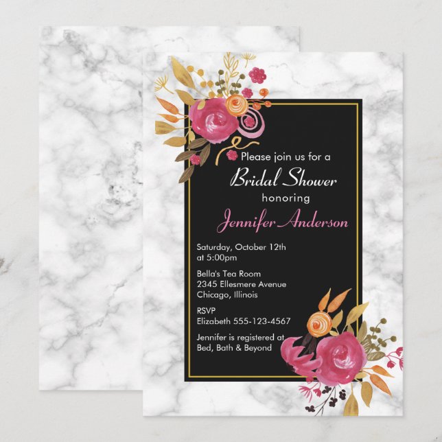 Invitation Bouquet rose floral sur Fête des mariées Marbre bl (Devant / Derrière)