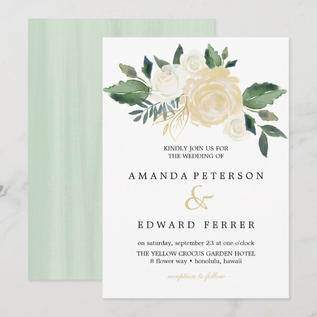 Invitation Bouquet Rose ivoire menthe mariage (Devant / Derrière)