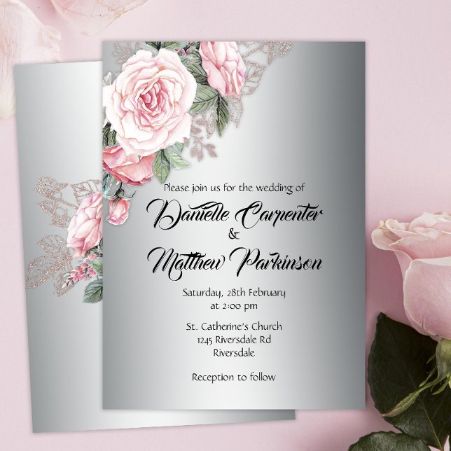 Invitation Bouquet rose sur Mariage argenté (Créateur téléchargé)