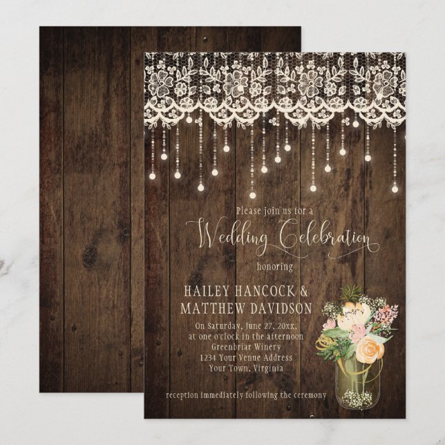 Invitation Bouquet Rustique Floral Mason Jar Lace Lumières | (Devant / Derrière)