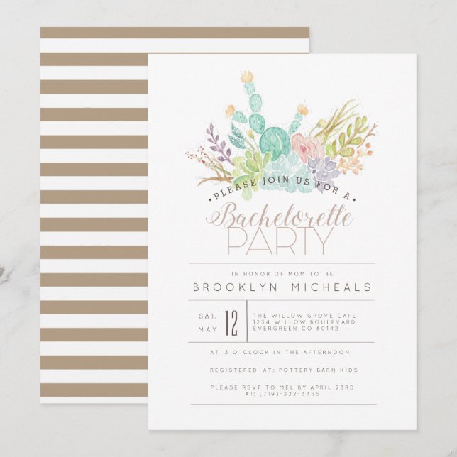 Invitation Bouquet Succulent | Watercolor Bachelorette Party (Devant / Derrière)