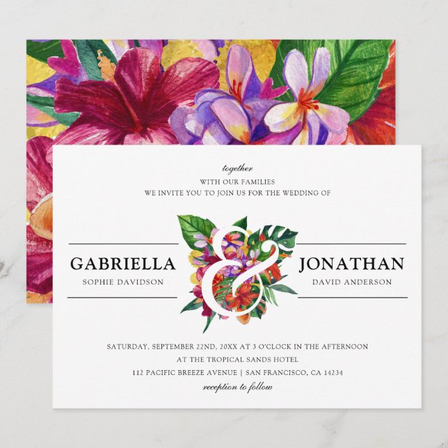 Invitation Bouquet Tropical & Typographie Moderne | Mariage (Devant / Derrière)