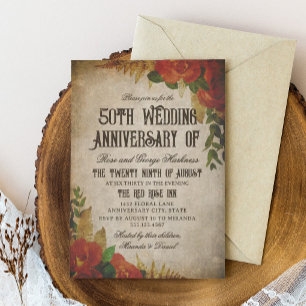 Invitation Bouquets de roses rouges vintage 50e anniversaire