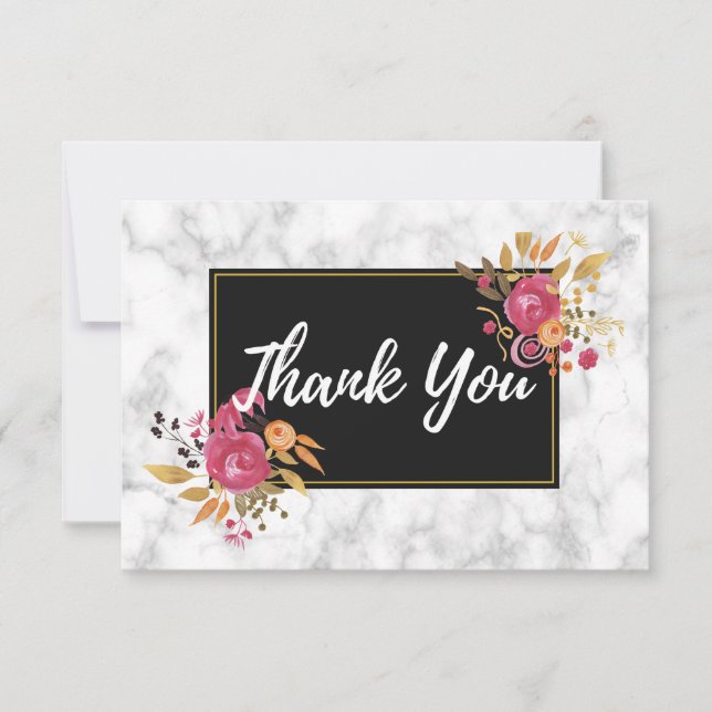 Invitation Bouquets Floraux Roses sur Cadre Noir Remerciement (Devant)