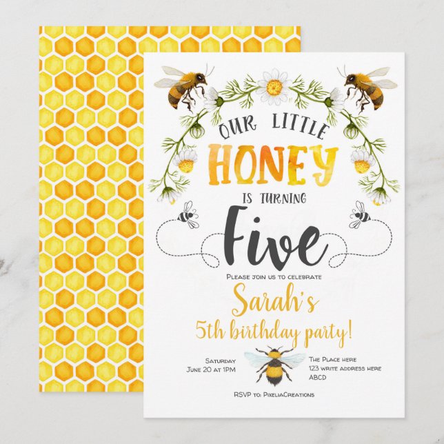 Invitation Bourdon. Petit miel, abeille, 5ème anniversaire (Devant / Derrière)