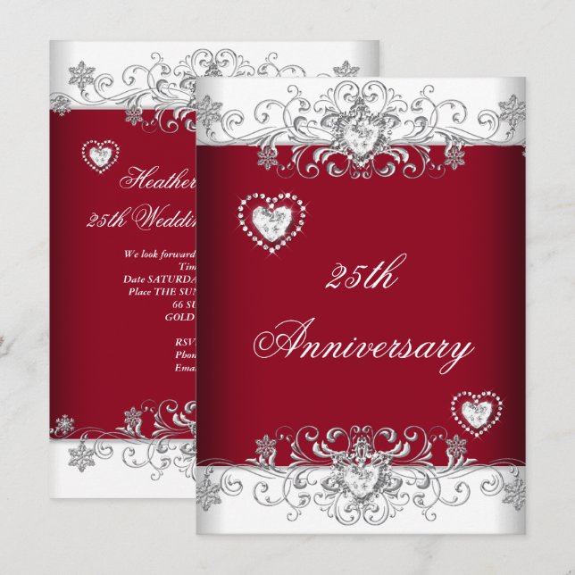 Invitation Bourgogne 25e Anniversaire de Mariage Diamants Cœu (Devant / Derrière)