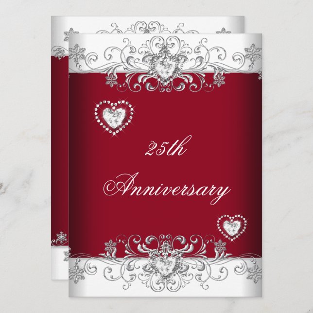 Invitation Bourgogne 25e anniversaire Mariage Coeurs de diama (Devant / Derrière)
