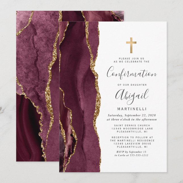 Invitation Bourgogne Agate Gold Parties scintillant Confirmat (Devant / Derrière)