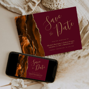 Invitation Bourgogne Agate Or Jaune Brûlé Enregistrez la Date