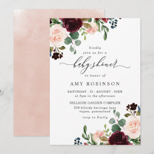 Invitation Bourgogne & Aquarelle Bleue Elégant Baby shower