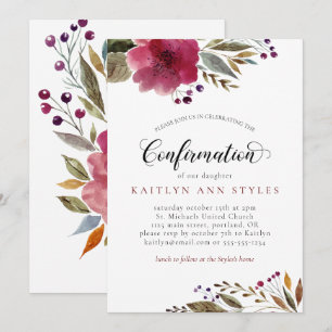 Invitation Bourgogne Aquarelle Fleurs Fille Confirmation