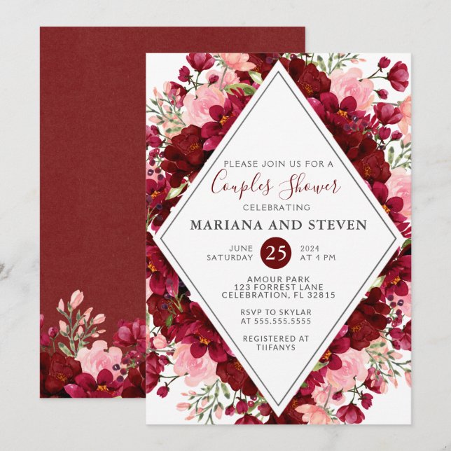 Invitation Bourgogne Aquarelle Florale Couples Wedding shower (Devant / Derrière)