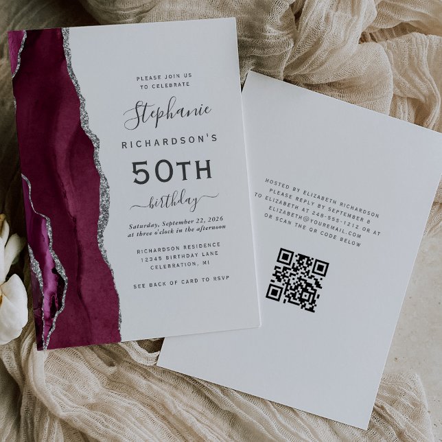 Invitation Bourgogne Argent Agate QR Code 50e anniversaire (Créateur téléchargé)