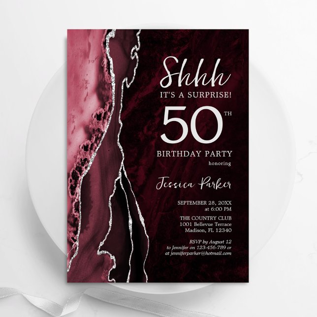 Invitation Bourgogne Argent Agate Surprise 50e anniversaire (Créateur téléchargé)