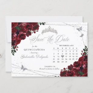 Invitation Bourgogne & Argent Quinceañera Enregistrer La Date